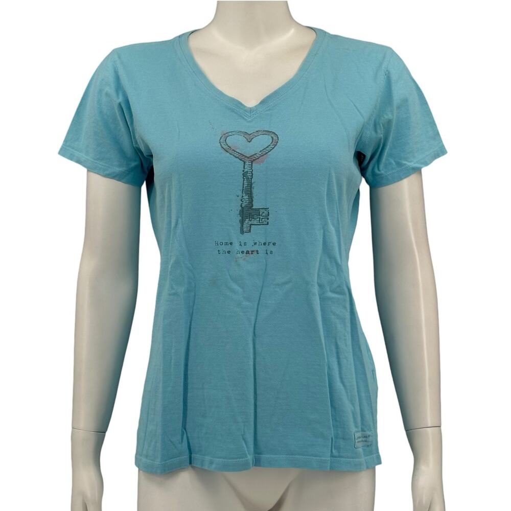 Life is Good‎ Top Womens Medium Blue Tee Shirt V-Neck Key Heart Graphic Casual